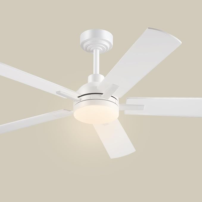JSAITEE 52 Inch Smart Ceiling Fan with Lights, Remote & App Control, DC Reversible Motor, 6 Speeds Quiet 35dB, 3CCT Dimmable LED, Low Profile Modern Ceiling Fans for Bedroom Living Room, White