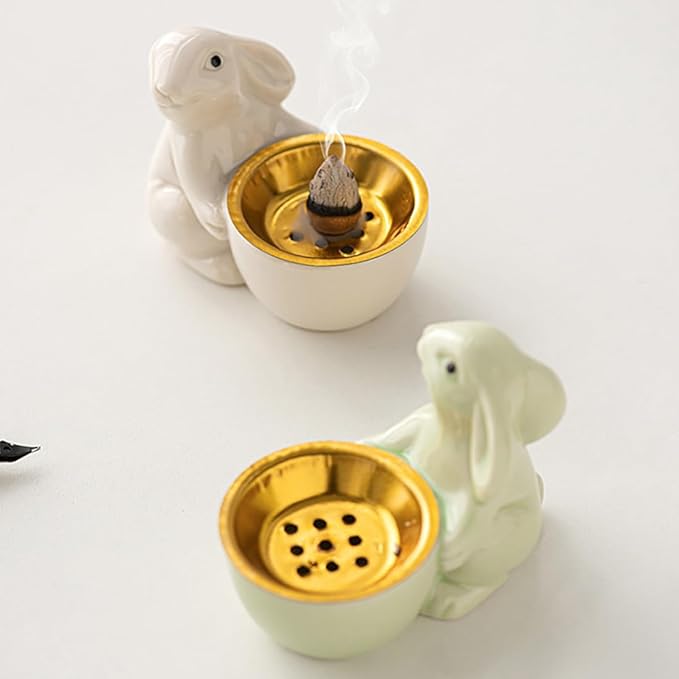 Ceramic Rabbit Incense Burner Rabbit Figurines Statue Ornament Easter Incense Sticks Holder Waterfall Arab Incense Holder for Home Decor (White)