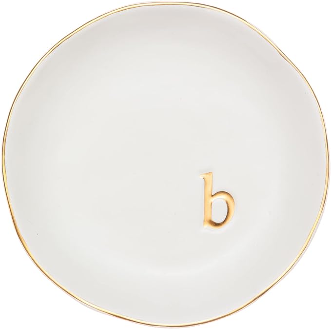 COLLECTIVE HOME Ceramic Jewelry Tray, Trinket Dish, Gifts for Women (B) | Mother's Day, Birthday, Christmas, Engagement Gifts, Vanity, Nightstand Decor, Embossed Gold Monogram Ring Dish with Gift Box