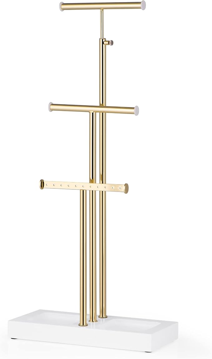 Love-KANKEI 3-Tier Jewelry Organizer Stand,Adjustable Height,White/Gold | Metal Rod,Solid Wood Base,Easy to Install,Tree Style,Display Long Necklaces,Bracelets,Earrings,Rings,Watches,Bangles,Gift