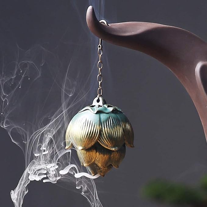 Primst Lotus Furnace Hollow Hanging Ball Incense Burner, Ceramic Backflow Incense Cones and Incense Coil Holder for Home Office Ornament Decoration