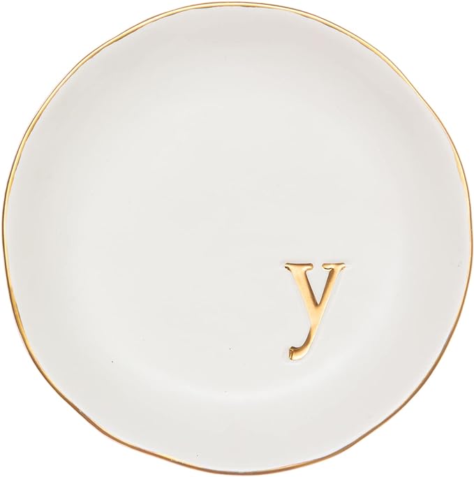 COLLECTIVE HOME Ceramic Jewelry Tray, Trinket Dish, Gifts for Women (Y) | Mother's Day, Birthday, Christmas, Engagement Gifts, Vanity, Nightstand Decor, Embossed Gold Monogram Ring Dish with Gift Box