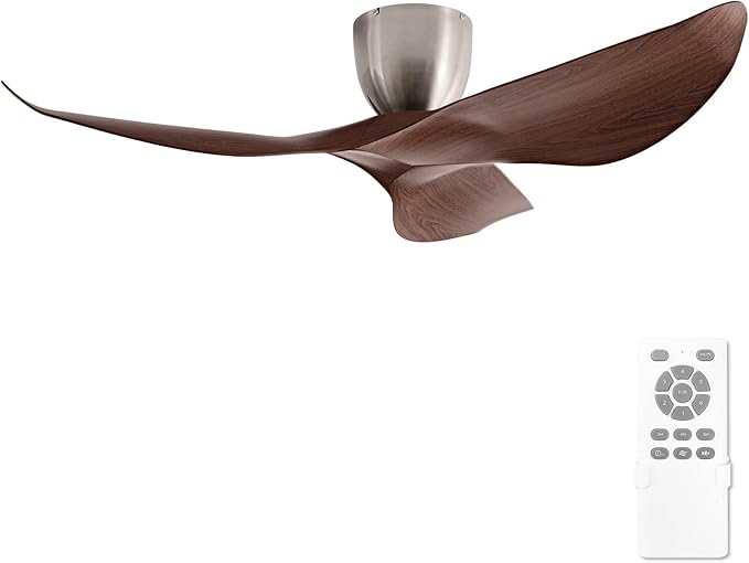 52" Walnut Finish Flush Mount Ceiling Fan with Remote, No Light | Modern Low-Profile, Heat Resistant ABS Blades, 6-Speed Reversible Quiet DC Motor for Balcony, Living Room, Bedroom