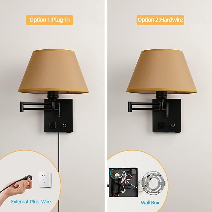 Swing Arm Wall Sconces, Plug-in Wall lamp,Bedroom Wall lamp ， White Fabric Shade with dimmable Switch and USB Charging Port,Suitable for Bedside,Living Room,Reading (Black. Gold Shadow)