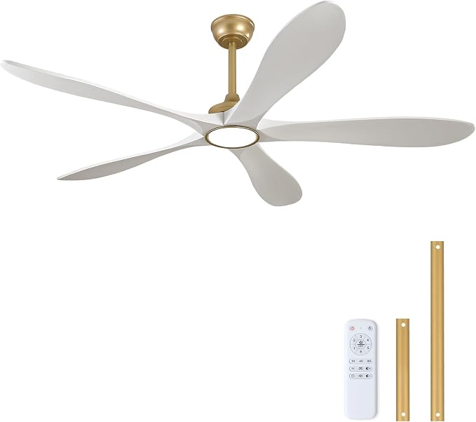 60 Inch White and Gold Ceiling Fans with Lights and Remote, Modern Outdoor Ceiling Fan with Light for Patio Porch Large Room, 3 Wood Blade, Memory Function, Quiet DC Motor, High CFM Airflow