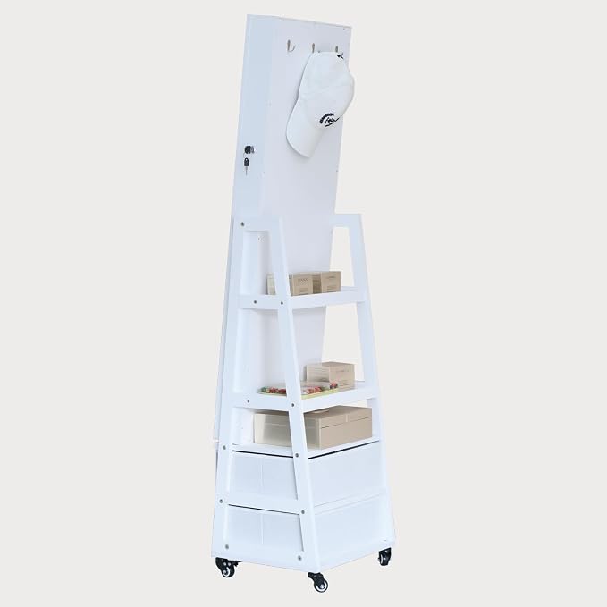 Jewelry Cabinet Standing Mirror with Drawers Wheels Full Length Mirror Jewelry Storage with Touch Screen Vanity Mirror Rotatable Jewelry Armoire Organizer with Lock White Christmas Gift for Women