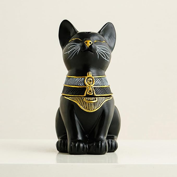 Egyptian Cat Statue Incense Burner, Vintage Resin Meditating Cat Incense Cone Holder, Home Office Aromatherapy Decor for Zen Yoga Spa (Black)