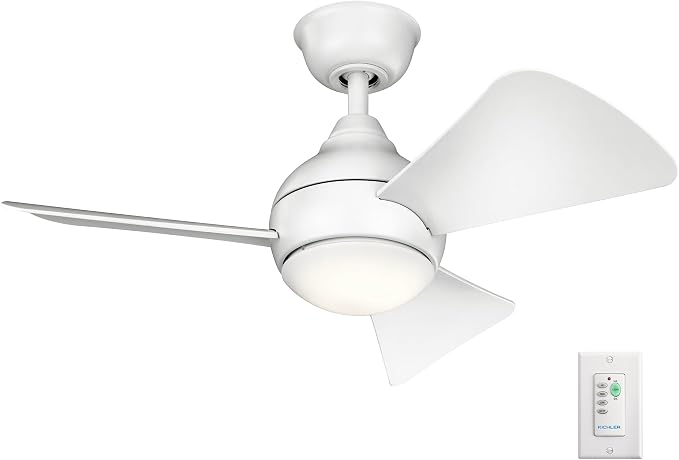 Kichler 330150MWH 34 Inch Sola Ceiling Fan LED, 3 Speed Wall Control Full Function, Matte White Finish with Matte White Blades