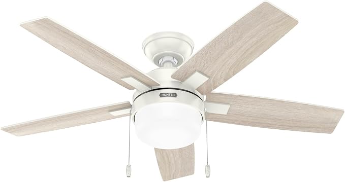 Hunter 44 inch Indoor Ceiling Fan with LED Light - White Ceiling Fan with Pull Chain, for Bedroom or Living Room, Standard Mount, No Remote, 5 Blades, Includes Bulbs - Anisten 52488, Fresh White | Standard Mount, Pull Chain, 5 Blades, For Bedroom, Livi...