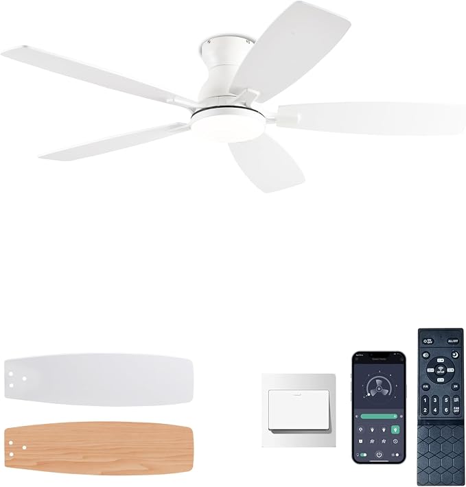NKPU Ceiling Fans with Lights, Low Profile Ceiling Fan with Light and Remote/APP Control, DC Motor, Noiseless, Flush Mount, 52inch White Ceiling Fan for Bedroom Indoor/Outdoor Use