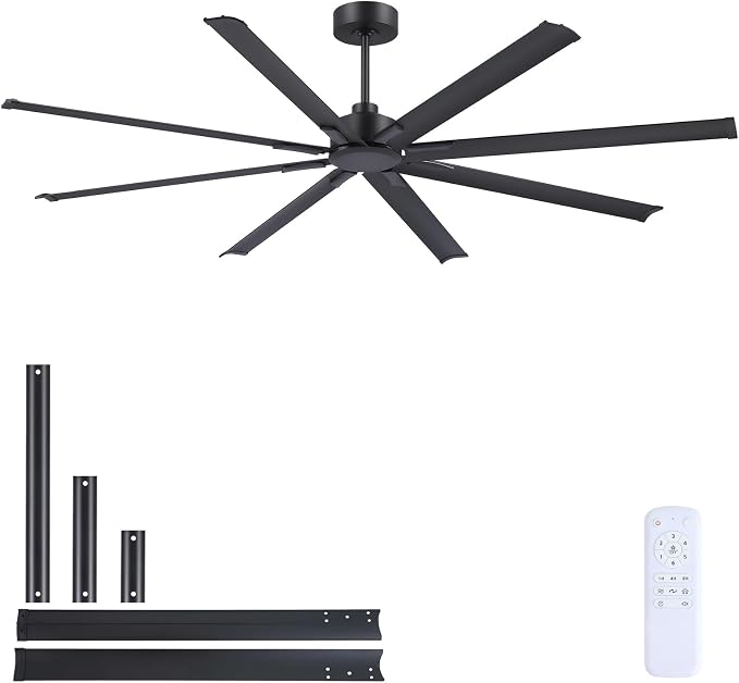 84 Inch Ceiling Fans No Light, Large Industrial Ceiling Fan with 8 Aluminium Blades, Quiet DC Motor, 6 Speeds, HVLS Modern Ceiling Fan without Light for Garage/shop/living room,Black