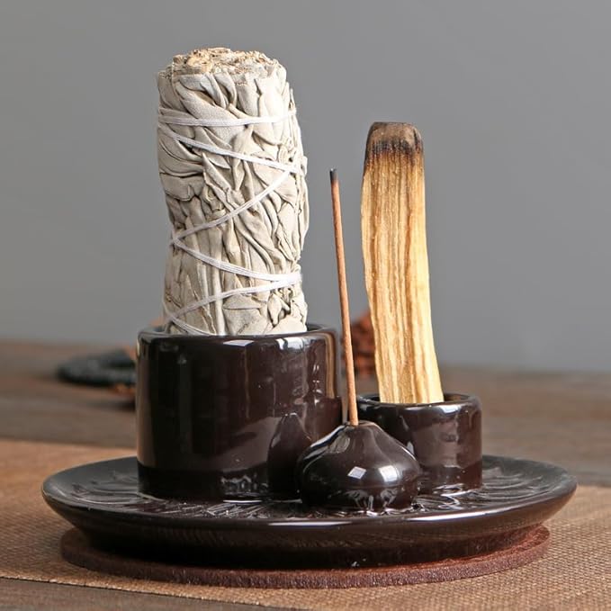 Comeon Ceramic Incense Stick Holder,Home Yoga 3 in 1 Incense Burner Sage Holder for Burning (Black)