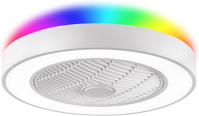 LEDIARY 20 Inch Low Profile Ceiling Fans with Lights, Led Bladeless Ceiling Fan, Remote Control Enclosed Flush Mount Ceiling Fan With Timming, 3000-6000K, 6 Wind Speed, 3000LM, 57W-White RGB