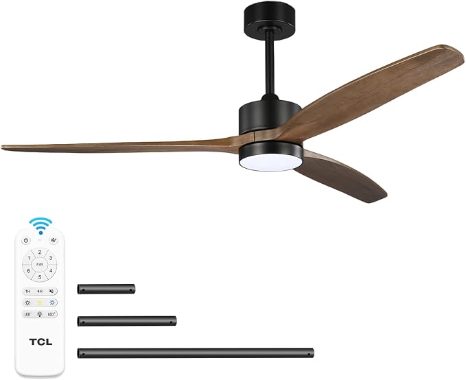 TCL Ceiling Fans with Light and Remote: 60 inch 3 Wooden Blades 3 Dimmable LED Fan for Room Indoor Modern Farmhouse Decor - 6 Speed Memory DC Reversible Fan Lights (Brown, 60 Inch)