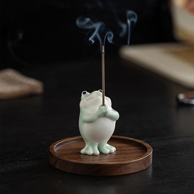 Frog Incense Holder for Sticks, Ceramic Incense Holder Cute Frog Figurines Incense Stick Holder, Insence-Sticks Burner Incense Burner Holder for Yoga Meditation Home Office Decor (without Ash Catcher)