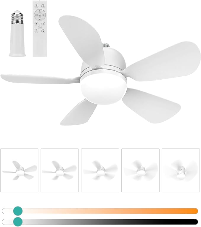 HK Socket Fan Light Small Ceiling Fan With Light and Remote, 20 Inch Screw-in for E26/E27 Base, 5 Speed Dimmable Mini for Bedroom Kitchen and Small Rooms, White