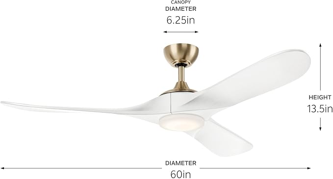 Kichler Mylo 60 in Ceiling Fan with Light, Modern 3-Blade Indoor Outdoor Damp Rated Fan with Satin Etched Glass in Champagne Bronze, 6-Speed Remote, 310560CPZMWH