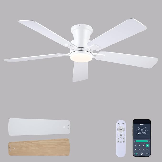 JSAITEE 52" Flush Mount Ceiling Fans with Lights Low Profile White | Modern Fans DC Reversible Motor, 3CCT Dimmable, 6 Speeds Fan Light for Indoor Bedroom, Kitchen, White