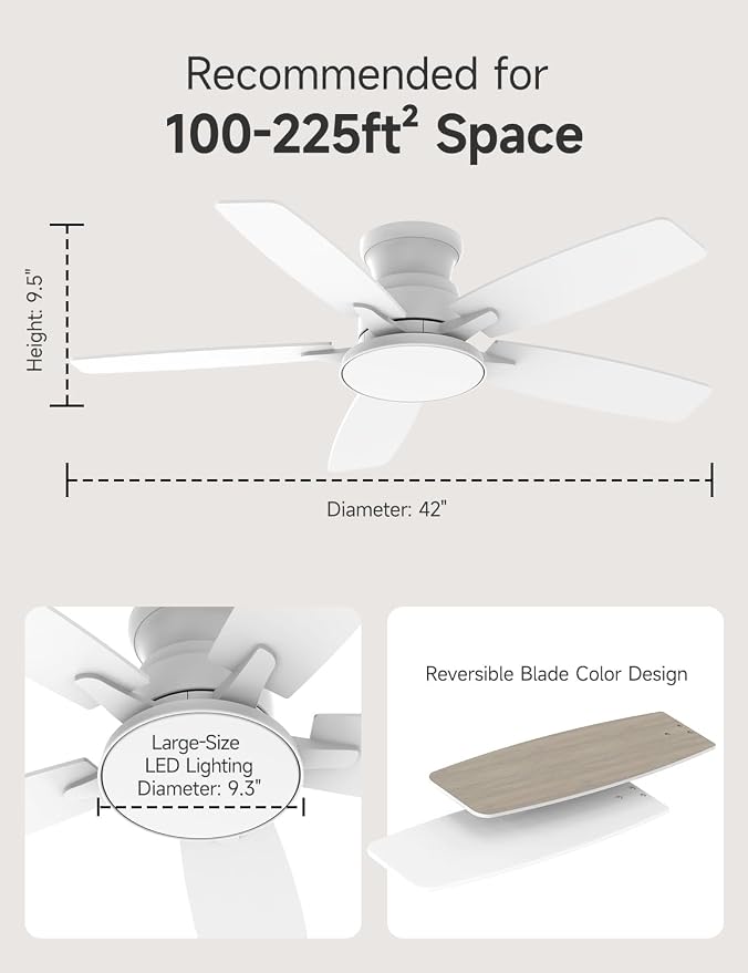 Flush Mount Ceiling Fan with Light, 42 Inch, Remote Control, 3CCT Dimmable LED, 6-Speed Silent Reversible DC Motor, Low Profile Hugger Ceiling Fan for Indoor/Outdoor 90-264V 50/60Hz Fresh White