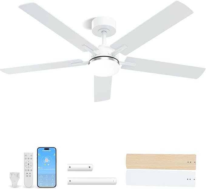 LANMEL Ceiling Fan with Light, Modern Flush Mount Low Profile with Remote Control, Reversible, 3CCT Dimmable, Quiet,LED for Bedroom, Living Room, Indoor/Outdoor Patio Use 52 Inch Silver & White