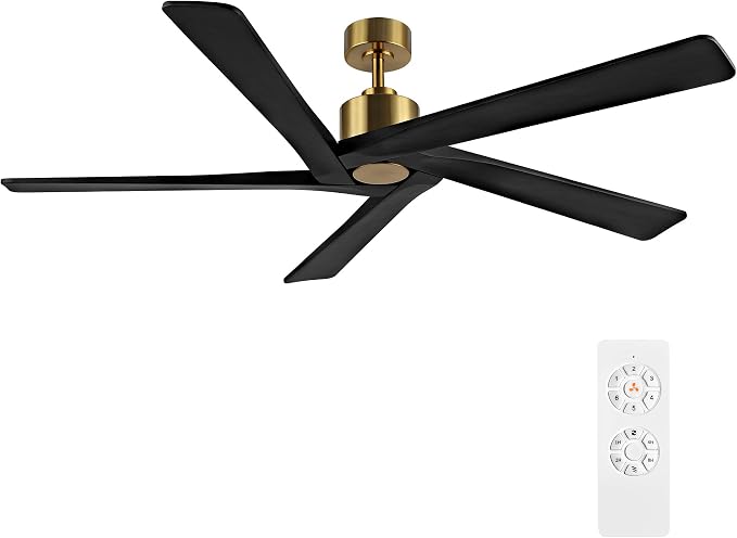 WINGBO 64 Inch DC Ceiling Fan without Lights, 5 Reversible Carved Solid Wood Blades, 6-Speed Noiseless DC Motor, Ceiling Fan No Light with Remote, Brass Finish with Black Blades, ETL Listed