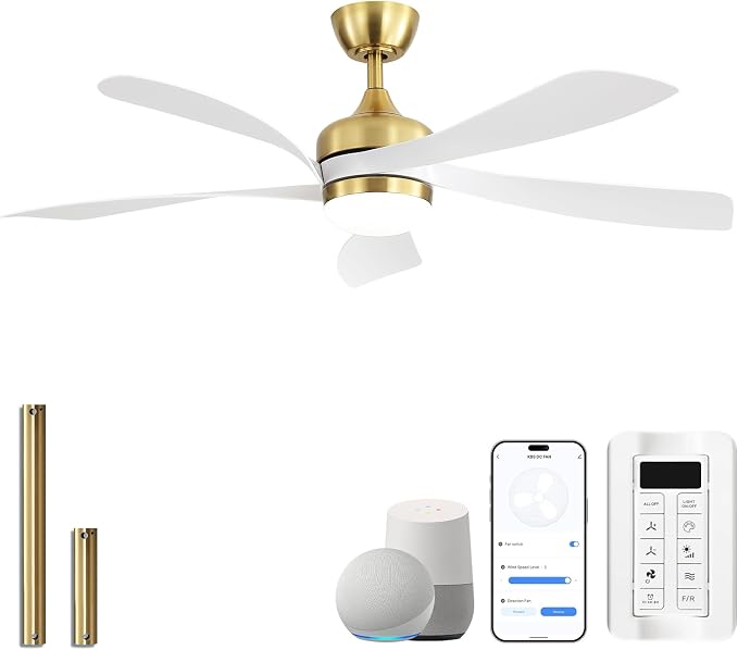 Sofucor 52" Smart Ceiling Fan, Indoor/Outdoor White Ceiling Fans with Lights and Remote, Works with Alexa/Google/App, 3-Color Light 6-Speed Timing Reversible DC Motor for Bedroom Living Room Patio