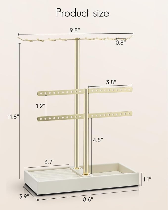 VLANDO 2 Tier Jewelry Stand Organizer with Tary, Leather Jewelry Holder Display for Women, Gold Jewlery Holder Stand for Necklace, Earring, Bracelet, Rings - Cloud White