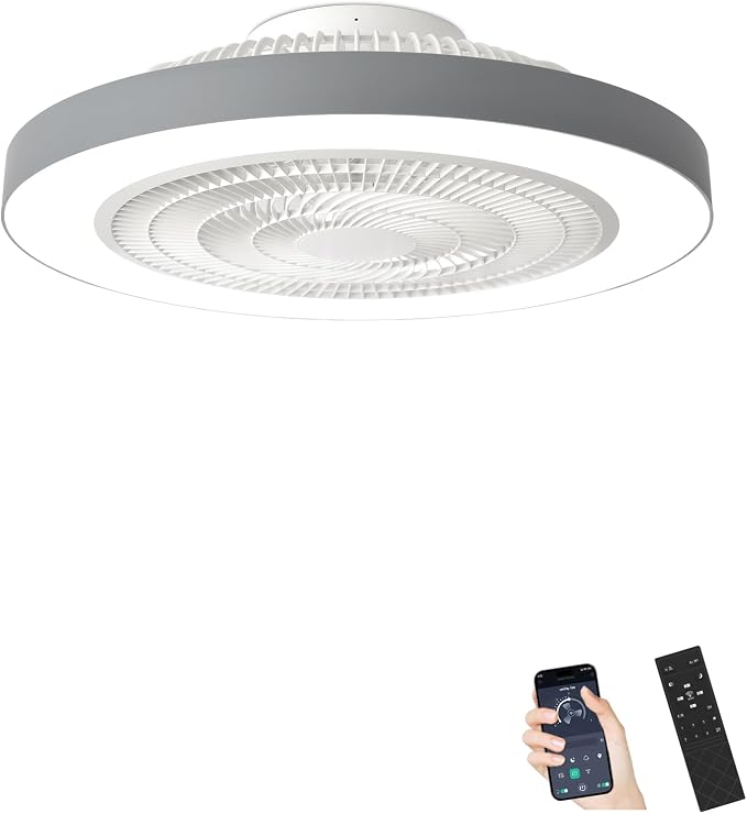 Depuley LED Ceiling Fan with Light: 19" Modern Flush Mount Low Profile Ceiling Fans with Remote & Smart APP Control - Grey Bladeless Fandelier Dimmable Quiet DC Motor for Bedroom Kids Room 6 Speeds
