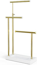 SRIWATANA Jewelry Organizer Display Extra Tall Necklace Holder 3 Tier Jewelry Tree Stand, Gift Idea (White & Gold) | Modern Luxury Jewelry Tree with Wood Base Tray; Ideal to Organize Long Necklaces, Earrings, Rings