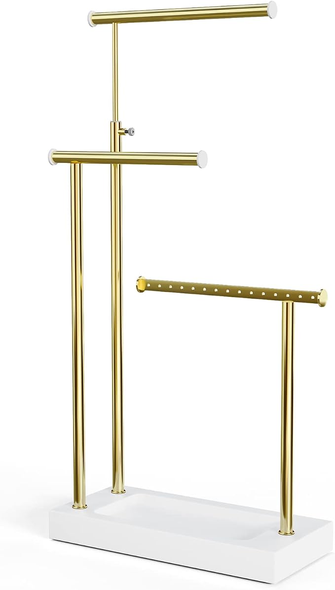 SRIWATANA Jewelry Organizer Display Extra Tall Necklace Holder 3 Tier Jewelry Tree Stand, Gift Idea (White & Gold) | Modern Luxury Jewelry Tree with Wood Base Tray; Ideal to Organize Long Necklaces, Earrings, Rings