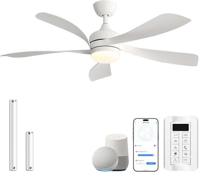 Sofucor 52" Smart Ceiling Fan, Indoor/Outdoor White Ceiling Fans with Lights and Remote, Works with Alexa/Google/App, 3-Color Light 6-Speed Timing Reversible DC Motor for Bedroom Living Room Patio