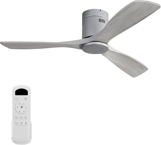 Sofucor 52 Inch Low Profile Ceiling Fans No Light, Modern Flush Mount Solid Wood Ceiling Fan with Airflow 5000CFM, Quiet DC Motor, 6 Speeds, Timer & Reversible for Bedroom Living Room, ETL, Gray