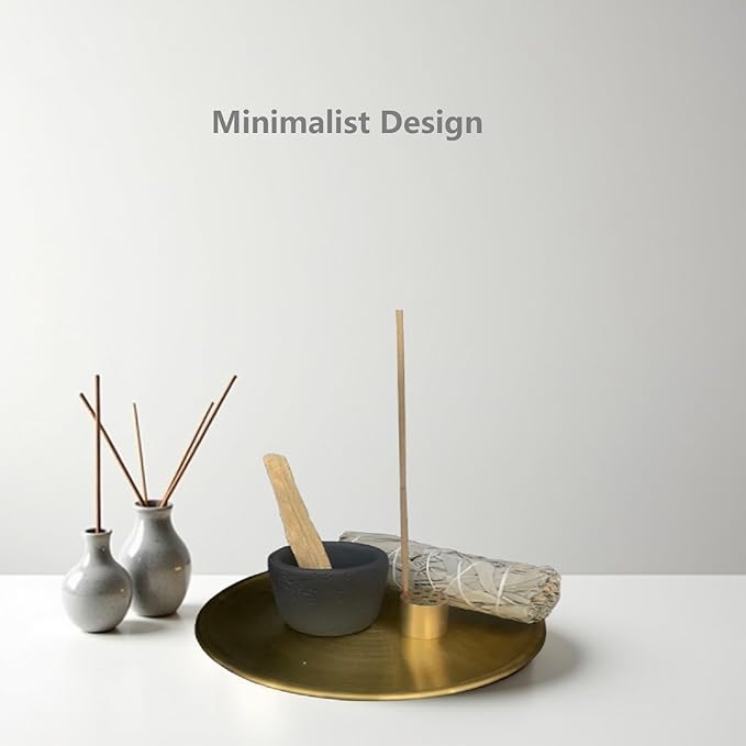 Multiple Function Incense Burner for Burning Palo Santo,Sage, Handcrafted Moon Surface Concrete Burner,Brass Incense Sticks & Cones Holder Steel Ash Catcher Yoga Meditation Gift Home Decor