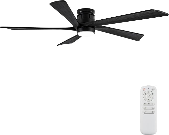 EKIZNSN 54 Inch Outdoor Low Profile Flush Mount Ceiling Fans with Lights for Patios, 110V Noiseless Reversible DC Motor, 6-Gear Speed (Black Finish with Black Blades)
