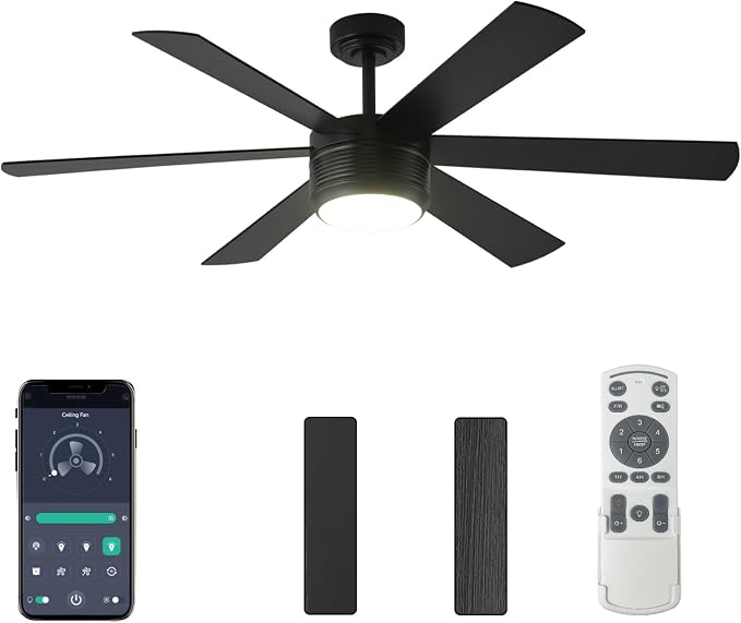 SHOWDI Black Ceiling Fans with Lights and Remote, Quick Installation, 56 in | 2 Blade Color, Metal Material, App Remote Control, Timer, Reversible, 3CCT, Dimmable for Bedroom, Living room, Indoor