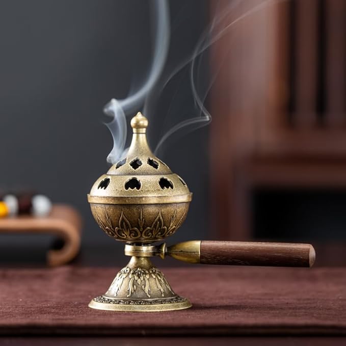 Handheld Incense Burner with 360° Rotating Handle-Chinese Bronze Style Holder for Incense Coils, Yoga Meditation, Home Office Desk Decor