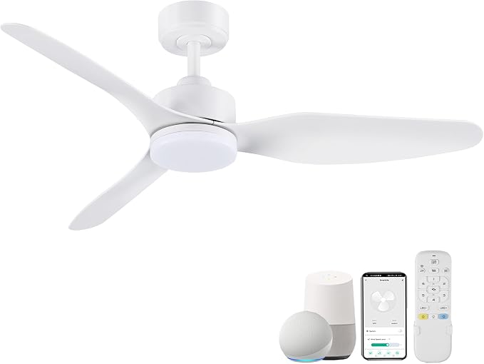 Hoenofly 48 Inch Smart Ceiling Fans with Lights Remote Control,Dimmable LED Light,Outdoor Indoor Modern Ceiling Fan,Quiet DC Motor,WIFI Alexa App Workable,Matte White for Bedroom Living Room Patio