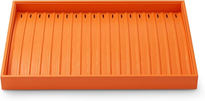 Oirlv Orange Leather Jewelry Necklace Display Tray | Orange leather exterior, soft microfiber interior, chain slots, keeps necklaces organized and visible, bold color