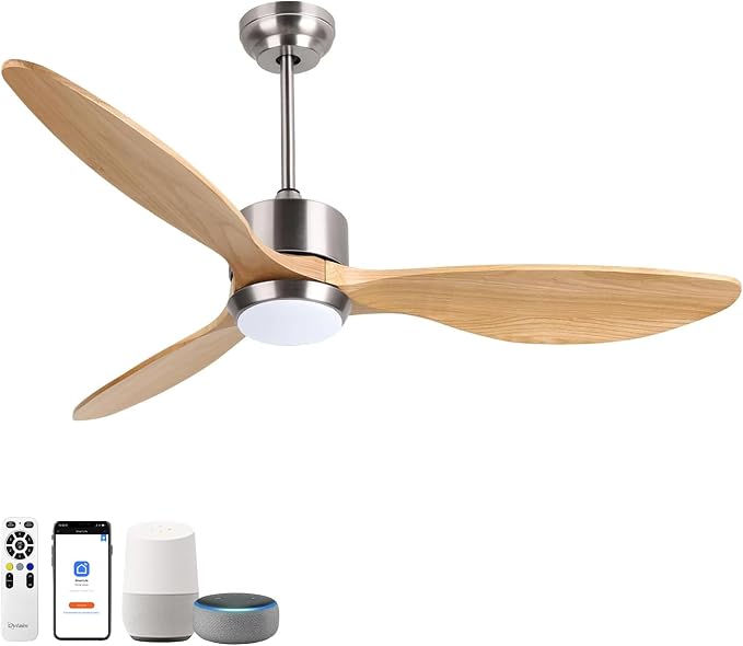 Ovlaim 52 Inch Wood Ceiling Fan with Light, Quiet DC Motor, Smart 6-Speed | 30dB Quiet, Light Wood Blades, 3-Color Dimmable, Memory Function, Reversible Motor, Bedroom Living Room