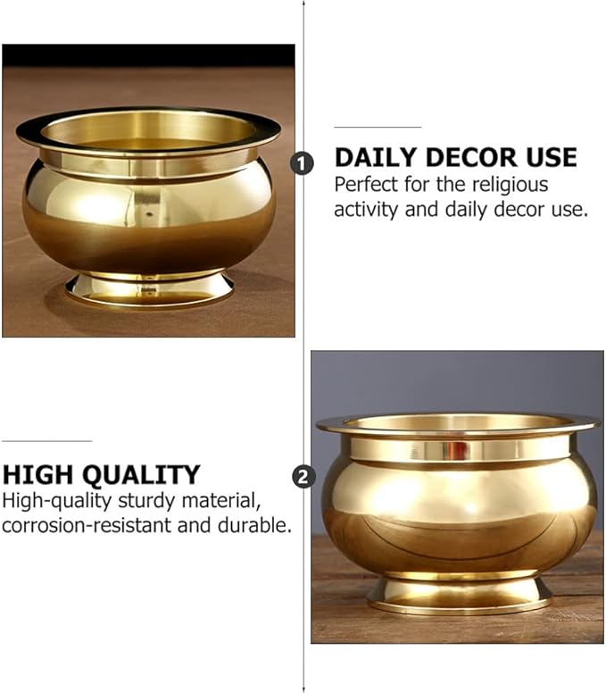 VALICLUD Copper Incense Burner Offering Bowl Bowl Incense Sticks Holder Chinese Asian Style Cone Incense Ash Catcher for Altar Use Rituals Incense Smudging Decoration and More (Golden)