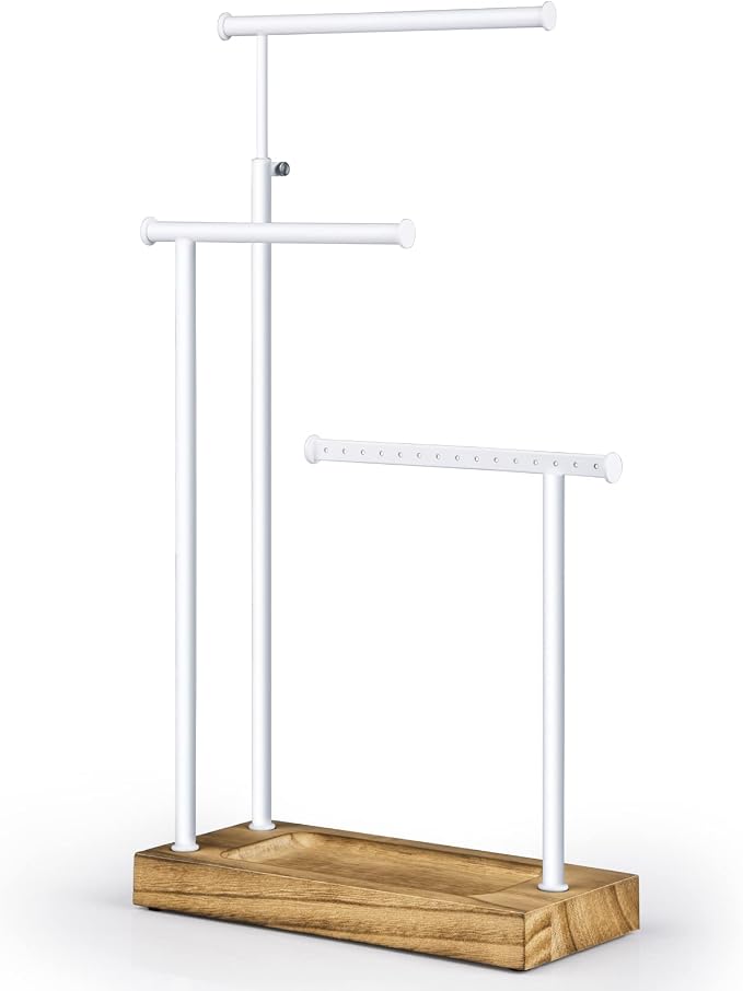 SRIWATANA Jewelry Organizer, Necklace Stand, Carbonized Black & White | 3-Tier Necklace Organizer with Wood Tray Base; Ample Storage for Long Necklaces, Earrings with Holes, and Rings