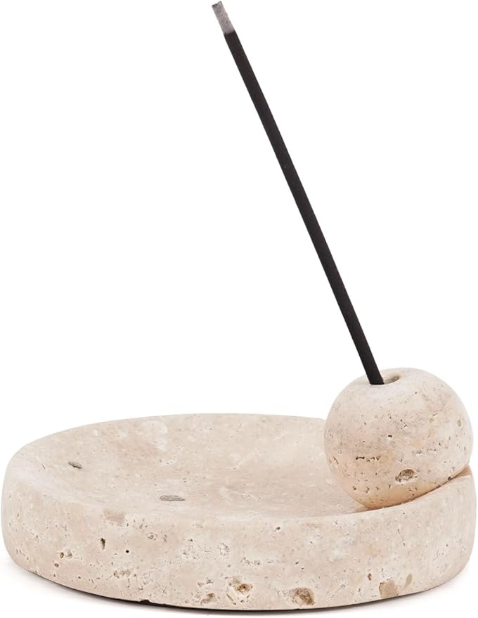 Incense Holder for Sticks, Natural Marble Incense Burner Ash Catcher Plate for Palo Santo, Sage, Meditation, Yoga and Home Decor - Travertine