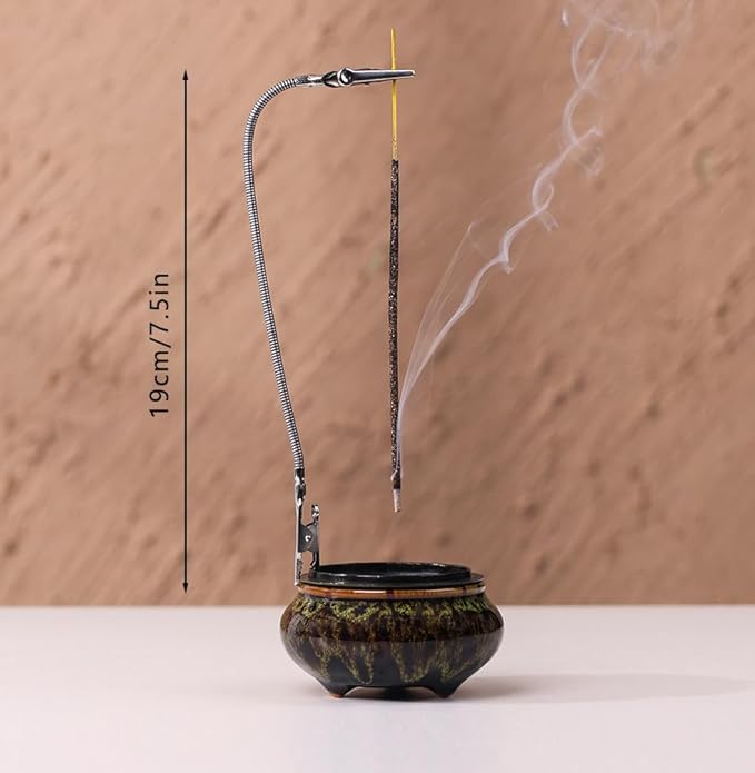 Incense Burner with Calabash Incense Stick Holder - Porcelain Charcoal Censer for Use with Resin Granular Powder Cone or Coil Incense (Fambe Green)