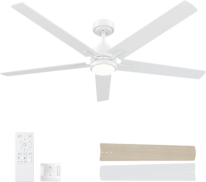 60 Inch White Ceiling Fan with Light and Remote Control,Dimmable 3 Color Temperatures LED Ceiling Fan,6 Speeds Reversible DC Motor,5 Blades Modern Ceiling Fans for Indoor or Covered Outdoor