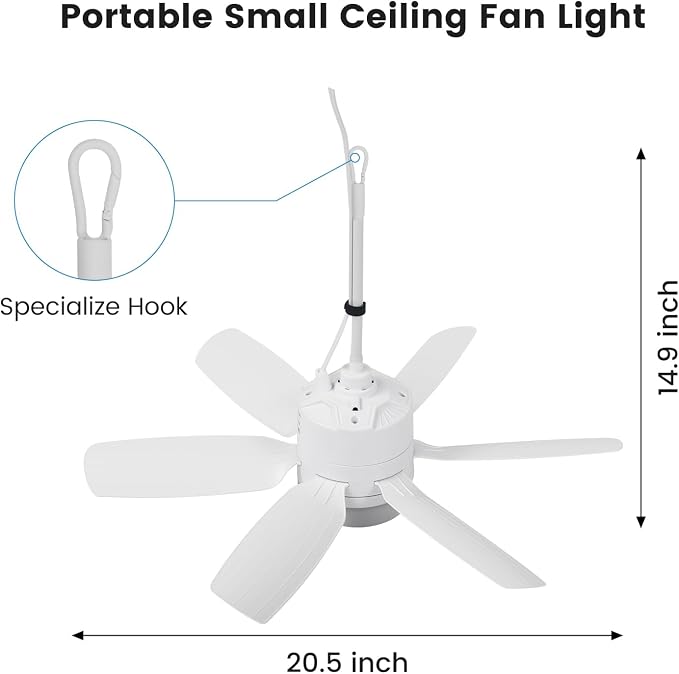 Fanspex 20.5'' Plug in Ceiling Fan with Light for Gazebo Patio Canopy Tent | 5 Fan Speeds with Adjust Lighting for Porch RV Cooling or Air Circulation, White