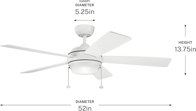 Kichler Starkk 52 in LED Ceiling Fan with Light, 5 Blade Modern White Ceiling Fan with Integrated LED Light and Downrod for Bedroom, Living Room, Kitchen, Dining Room, 330174MWH