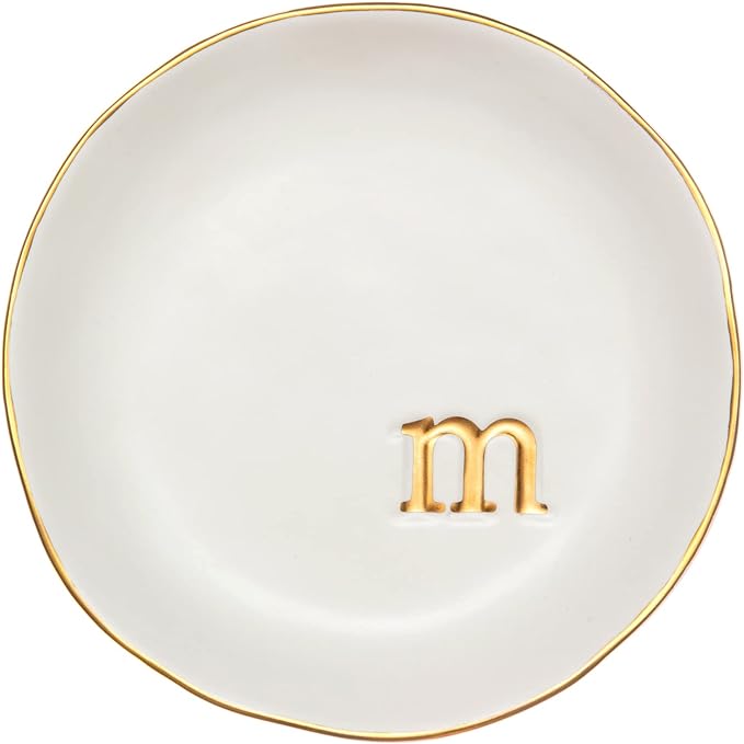 COLLECTIVE HOME Ceramic Jewelry Tray, Trinket Dish, Gifts for Women (M) | Mother's Day, Birthday, Christmas, Engagement Gifts, Vanity, Nightstand Decor, Embossed Gold Monogram Ring Dish with Gift Box