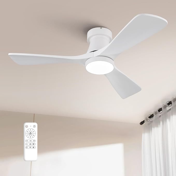 42-Inch White Ceiling Fans with Lights, Remote Control, Flush Mount, Dimmable, Reversible, Wood Blades, Power-Off Memory, Quiet DC Motor – Modern Hugger Ceiling Fan for Indoor Outdoor White