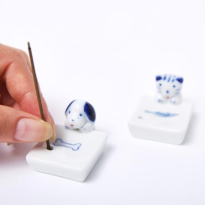 Set of 2, Japanese Mini Cute Kitty Cat with Dog Handmade White Ceramic Incense Stick Holder or Incense Burner Holder, Inscent Tray for Home Decor Yoga Spa Meditation, 1.42 inches