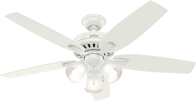 Hunter 52 inch Indoor Ceiling Fan with LED Lights - White Ceiling Fan with Pull Chain, For Bedroom or Living Room, Standard Mount, No Remote, 5 Blades, Includes Bulbs - Newsome 53316, Fresh White | Standard Mount, Pull Chain, 5 Blades, For Bedroom, Liv...